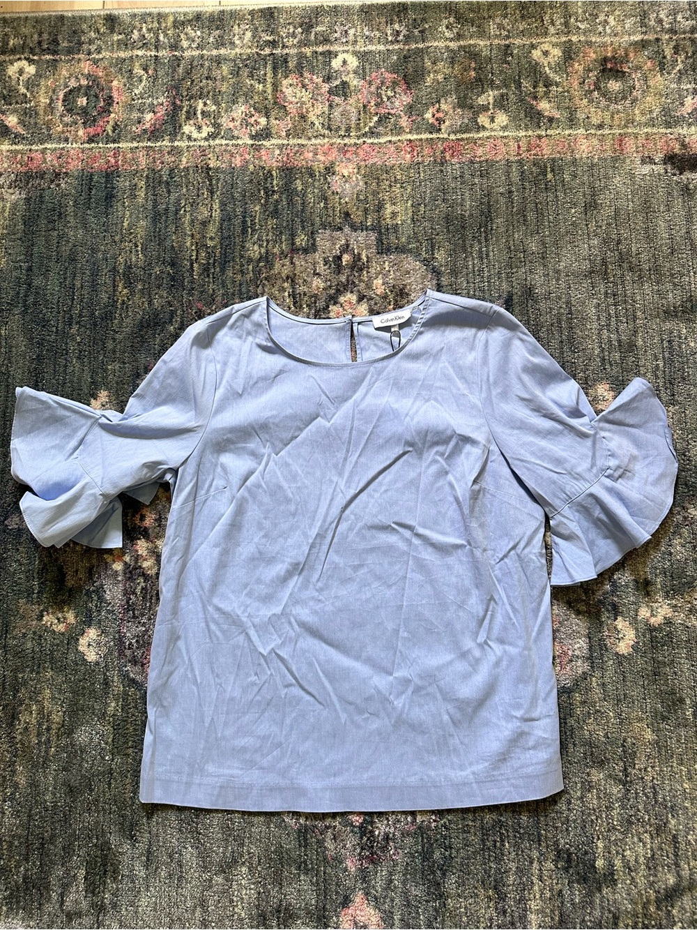 Calvin Klein Light Blue Ruffle Sleeve Blouse NWT Women’s Medium Business Chic